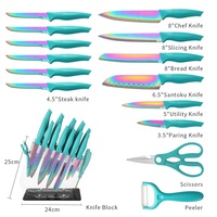 Ensemble de 15 couteaux de cuisine, revêtement en titane arc-en-ciel, acier inoxydable, manche en PP, support en acrylique, en stock, vente en gros GOODA