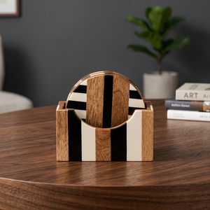 Juego de posavasos redondos de madera con incrustaciones en blanco y negro, hechos a mano con madera de mango, decoración moderna para mesa, juego de 5 tapetes para colocar bebidas. - Product Image 1