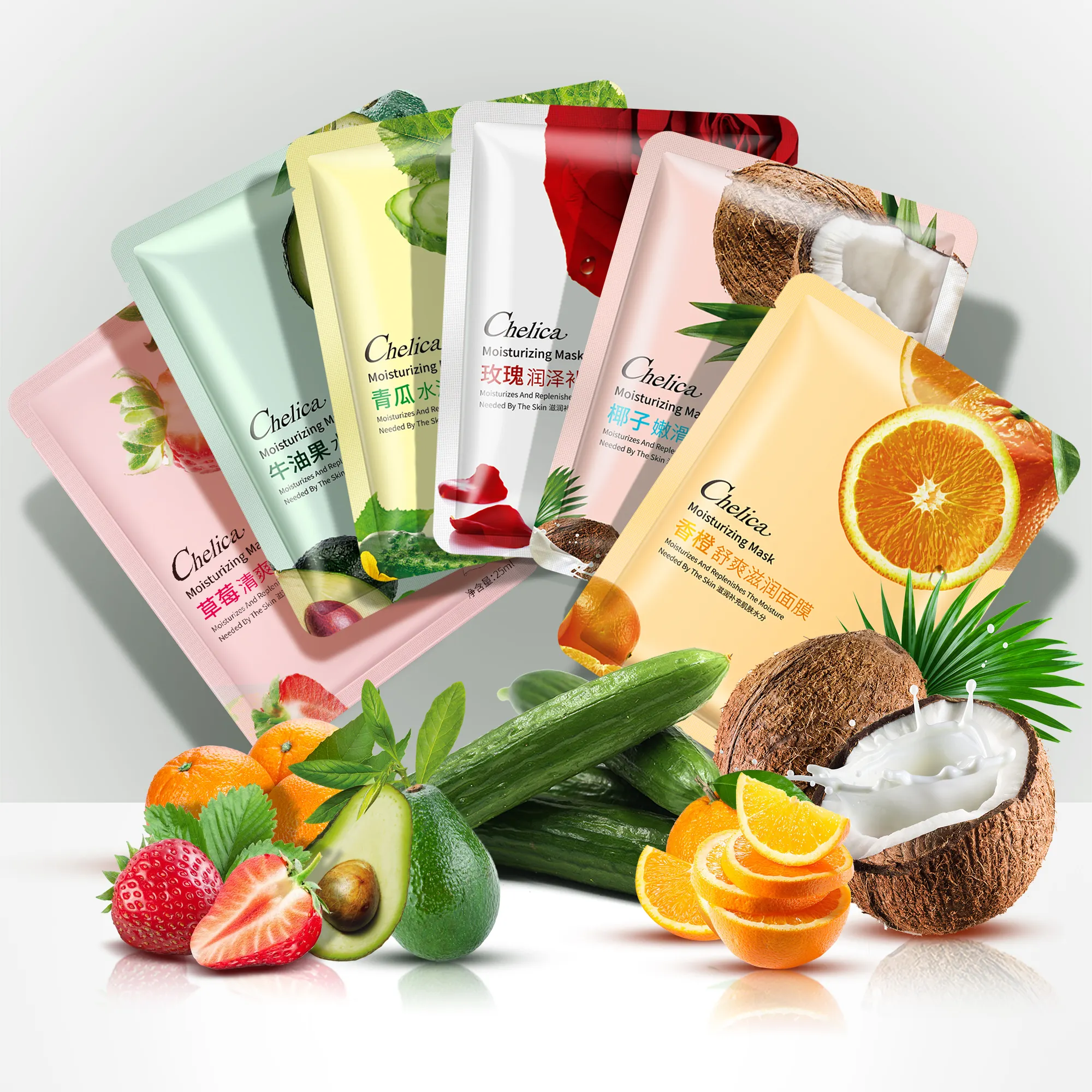 Chelica Vente en gros Marque privée Hydratant Blanchissant Éclaircissant Avocat Fruits Masques faciaux Visage Feuille de soins de la peau Coton Vegan