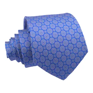 Mens Luxury Blue Design Geometric Print Pure Silk 7 Fold Neckties