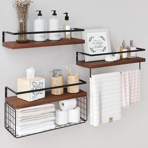 Modern Style Wall-Mounted Bathroom Shelf with Metal Frame and Wooden Storage Rack Includes Towel Bar and Storage Basket - Product Image 1