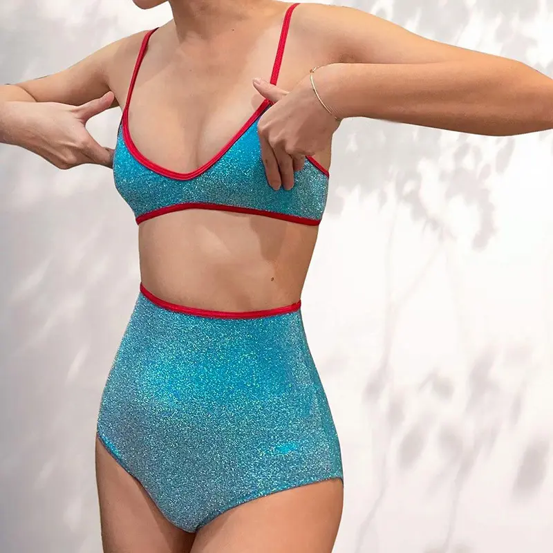 ชุดสองชิ้นเอวสูงผ้าสีสันสดใสชุดใส่ชายหาดเซ็กซี่สำหรับผู้หญิงชุดว่ายน้ำสำหรับวันหยุด