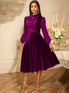 AM050621 Vintage colletto rialzato con bottone con volant manica lunga a linea viola <span class=keywords><strong>velluto</strong></span> <span class=keywords><strong>Midi</strong></span> formale da chiesa abito Casual da donna - Product Image 2