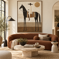 Peinture sur toile Wabi Sabi vintage représentant un cavalier équestre, art mural figuratif aux tons terreux pour la décoration de hall d'hôtel, villa ou bureau