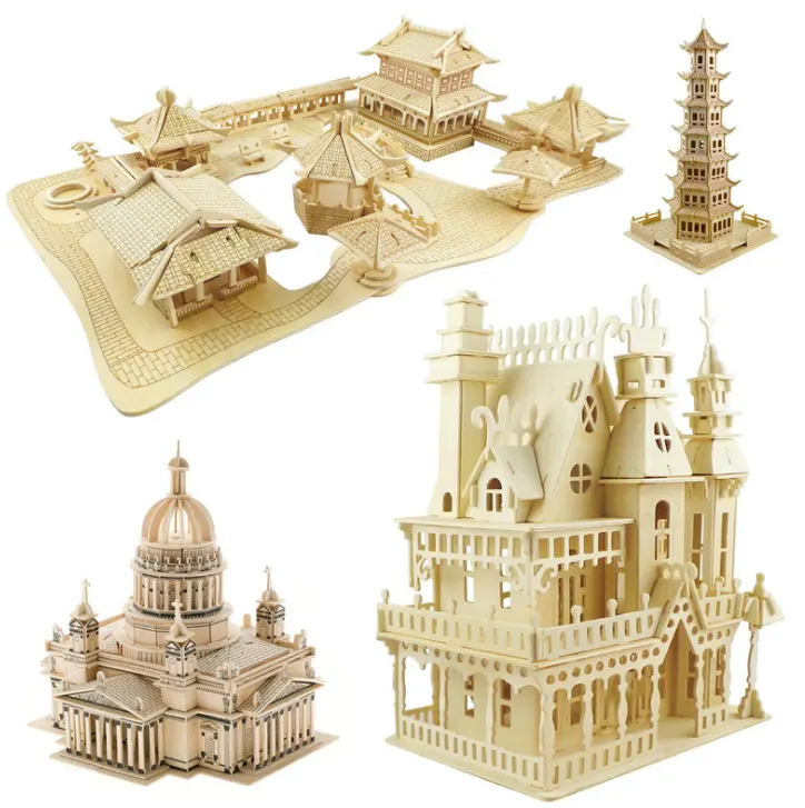 Wholesale Wood Craft Construction Kit 3D Wooden House Model Jigsaw Puzzle For Kids