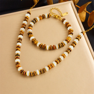 European American Retro Tiger Eye Resin Beaded Stainless Steel Chain Necklace <b>Bracelet</b> <b>Set</b> Women's Fashion Jewelry - Product Image 1