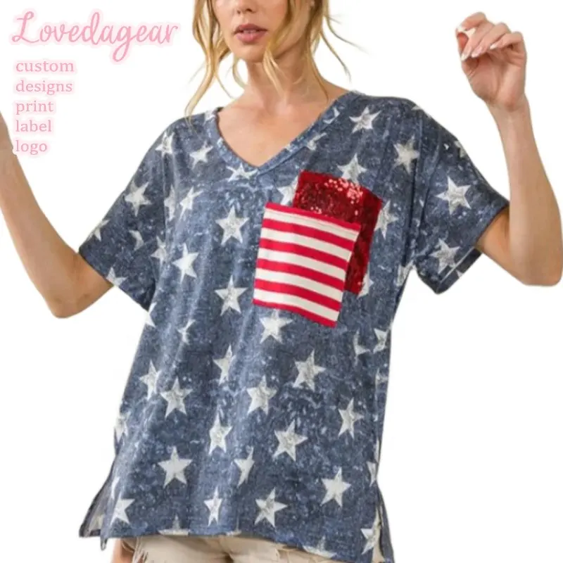 Lovedagear personalizado etiqueta privada cuello en V bandera estrella lentejuelas bordado Tops para mujeres