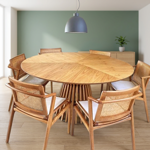 Elegant Minimalist Round Solid Wood Dining Table with Unique Slatted Base Paired with Natural <b>Cane</b> Back <b>Chairs</b> - Product Image 3