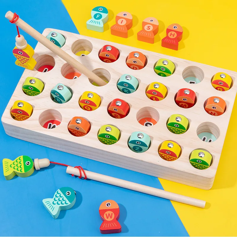 Montessori educational wooden alphabet toys kids magnetic interactive fishing math toys