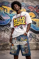 Shorts en jean vintage délavé pour hommes grandes tailles, avec cordon de serrage à la taille, broderie de lettres, style urbain et longueur genou