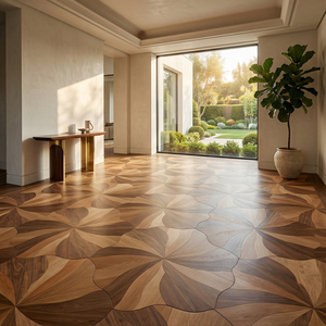 Parqué de Madera Decorativo Artístico de Lujo, Diseño de Loto con Hojas Curvas, Hexagonal Redondo, Tejido con 4 Tipos de Madera - Product Image 2