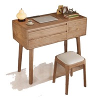 Bureau de toilette en chêne massif naturel avec miroir LED rabattable, chargeur USB, table de maquillage multifonctionnelle pour chambre et bureau