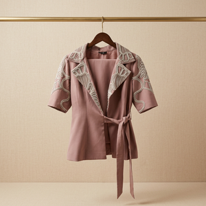 Luxury Casual Pearl Embellished Pink <b>Blazer</b> Bottom <b>Set</b> Half Sleeve Modern Women Summer Party Wear Glamorous Look - Product Image 2