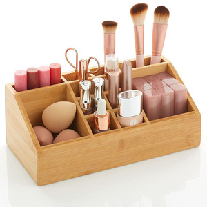 Organizador de cosméticos de bambú con divisiones, caja de almacenamiento rectangular para escritorio, para brochas de maquillaje, lápices labiales y herramientas de belleza - Product Image 1