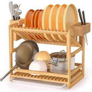 Bamboo <b>Dish</b> <b>Rack</b> 2 Tier With Knife Holder Quick Dry Multi Functional Kitchen Drainer For Utensils And <b>Dishes</b> - Product Image 1