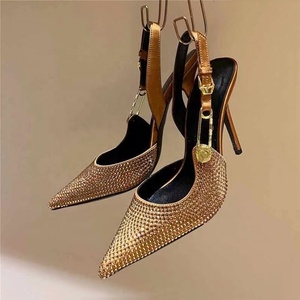 Sandales à talons aiguilles pour femmes, ornées de cristaux et de diamants, avec boucle métallique, style slingback, chaussures d'été élégantes - Product Image 3