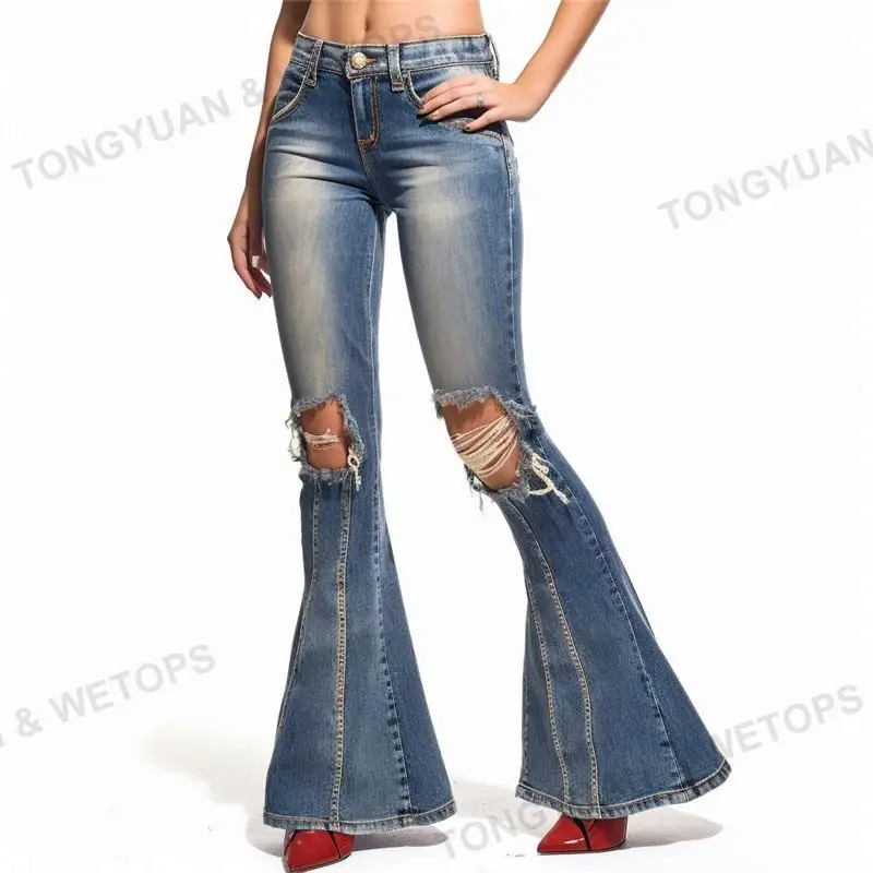 Custom Broek Vrouwen Gescheurde Jeans Gescheurde Gewassen Denim Stretch Slim Fit Uitlopende Broek Hoge Taille Plus Size Dames Jeans