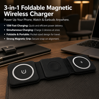 Chargeur sans fil magnétique pliable 3-en-1 15W avec PD & QC3.0 Type-C 5V/3A pour téléphones mobiles, montres intelligentes, écouteurs