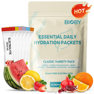 Bioby OEM Private Label Paquet <span class=keywords><strong>de</strong></span> variété <span class=keywords><strong>de</strong></span> poudre d'électrolyte sans sucre Saveur <span class=keywords><strong>de</strong></span> fruits naturels Sachets <span class=keywords><strong>de</strong></span> mélange pour boisson hydratante 30 portions - Product Image 1