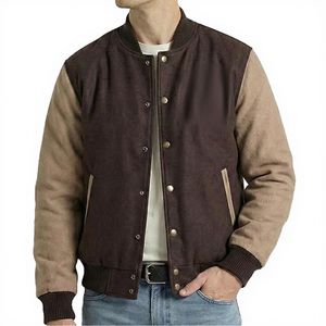 Dark Brown Tan Varsity <b>Jacket</b> Suede Leather Body Polyester <b>Velvet</b> Blend Sleeves Striped Rib Trim Snap Front Letterman Coat - Product Image 1
