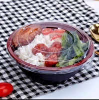 Bol rond en plastique jetable de 700 ml pour salade, soupe chaude, récipient alimentaire en PP, à emporter, rouge et noir, avec couvercle, micro-ondable, étanche