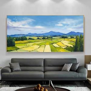 Pintura al Óleo Abstracta, Cielo Azul con Nubes Blancas, Montañas en el Lejano Horizonte, Campos en Cosecha, Paisaje Pastoral Texturizado - Product Image 2