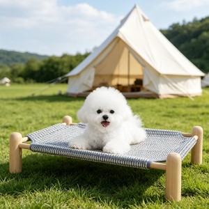 Lit pour animaux de compagnie en bois de pin surélevé pour chat et chien, hamac d'été respirant en faux sisal, tapis amovible et lavable, pour intérieur - Product Image 2