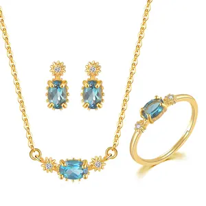 Nhà Máy Cung Cấp 925 Sterling Silver Natural London Blue Topaz Đá Quý Trang Sức Nhẫn Earring Necklace Set V076