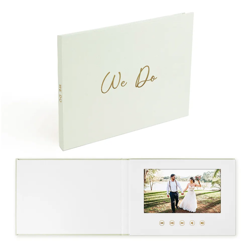 Hot Style Wedding Invitation Card 7 Inch Linen Hardcover Wedding Video Brochure With We Do Gold Foil Video Book