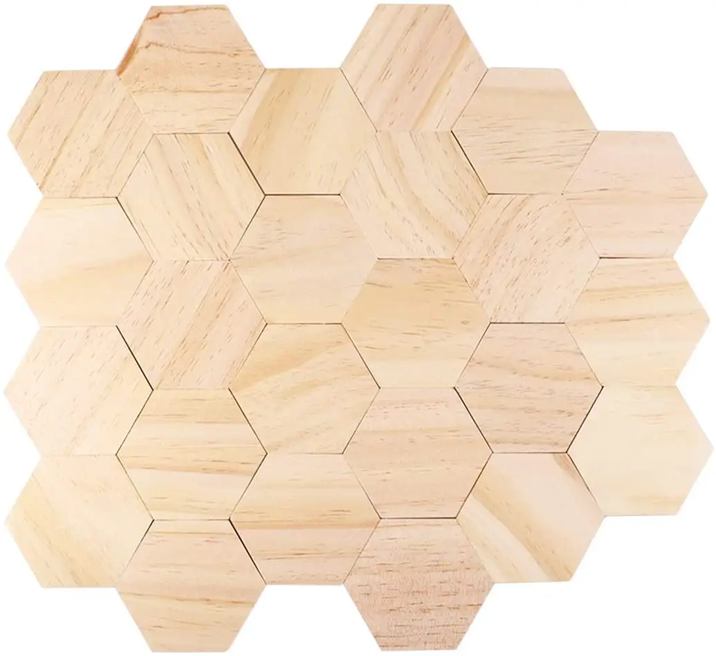 ไม้ชิ้นเครื่องประดับ Hexagon ไม้แผ่นหัตถกรรม DIY ตกแต่ง9Cm 25Pcs