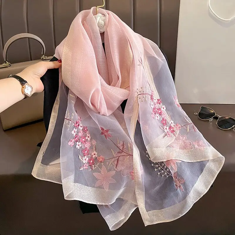 2023 New Fancy Embroidery Flower Pattern Pure Silk Wool Scarves For Women Large Thin Gauze Shawls Mulberry Silk Blend Shawl Wrap