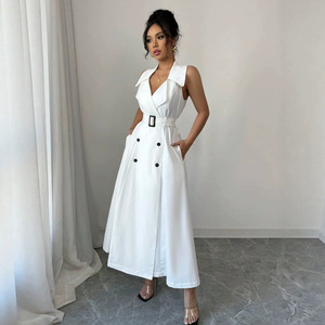 <span class=keywords><strong>Robe</strong></span> longue trapèze élégante <span class=keywords><strong>pour</strong></span> femme, col en V, sans manches, double boutonnage, <span class=keywords><strong>ceinture</strong></span> à nouer, <span class=keywords><strong>taille</strong></span> <span class=keywords><strong>haute</strong></span>, couleur unie, <span class=keywords><strong>pour</strong></span> le bureau et le quotidien - Product Image 1