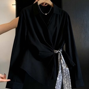 Chemise à manches longues bleu clair pour femme avec ceinture, chemisier en popeline uni, style bureau, vêtements printemps-été - Product Image 2