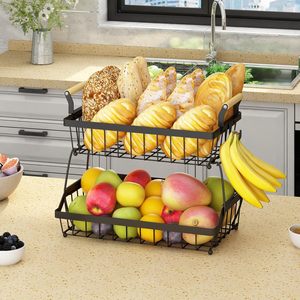 Cesta de frutas de 3 niveles con ganchos de plátano Soporte de cesta de almacenamiento de verduras desmontable con mango de <span class=keywords><strong>madera</strong></span> negro 2 niveles - Product Image 5
