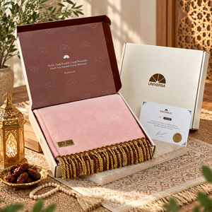 Tapis de prière inspiré du fruit de la pêche Khuldi, tapis Sujood en fourrure courte de qualité supérieure, en similicuir mousse, avec élégantes pampilles dorées - Product Image 6