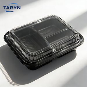 Contenants alimentaires jetables en plastique PS noir à 3 compartiments, intérieur texturé antidérapant, matériau PS de qualité alimentaire - Product Image 1