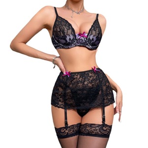 Nouvel ensemble de lingerie et chaussettes en dentelle brodée avec petit nœud, sexy et amusant, quatre pièces pour femme - Product Image 5