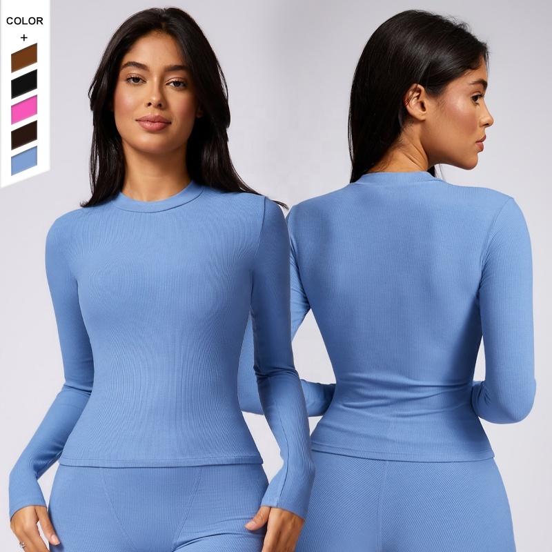New Women's Tight Fitting Long Sleeved Yoga Suit Running Sports Long Sleeved T-Shirt Threaded Casual Quick Drying Fitness Top