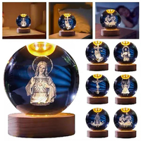 Boule de cristal LED religieuse chrétienne catholique pour communion, 6cm/8cm, lumineuse, gravée au laser 3D, faite à la main, personnalisable, Saint Cristal