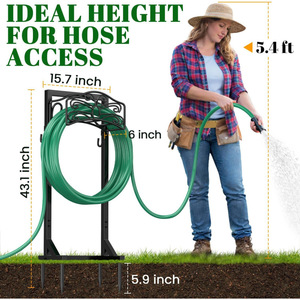 Freestanding <b>garden</b> hose rack with tool <b>hooks</b>, accommodates 150 feet of hose, outdoor patio lawn storage. - Product Image 2
