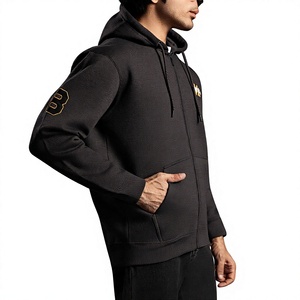 Men Black Zip-Up Hoodie Cotton French Terry Regular Fit Casual Autumn Wear Custom Logo Back 370g Silk Screen Printed Pocket - Product Image 2