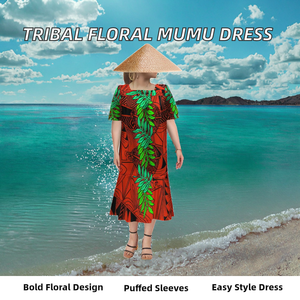 Vestidos Mumu Holgados con Estampado Floral Micronésico/Polinésico, Personalizados OEM, Tallas Grandes, Elegantes, de Manga Corta, Estilo Casual, para Mujer - Product Image 2