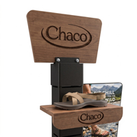 Présentoir à chaussures personnalisé - Présentoir à chaussures en bois double face avec roulettes et en-tête avec logo personnalisé pour supermarché