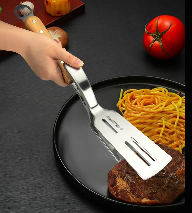 2023 HOT SELLING Wooden Handle Utensil Kitchen Cooking Tools Stainless Steel 430 Frying Food Serving Tongs Barbecue Clip Clamps