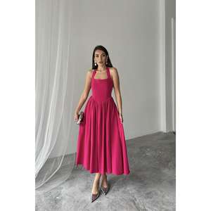 Vestido de Lino Fucsia con Cuello Halter, Cintura Imperio, Corte A, Espalda Descubierta, Vestido de Noche, Tela Transpirable - Product Image 6