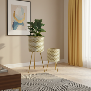 Jardinières en métal pour plantes d'intérieur, lot de 2 pots décoratifs pour salon, jardinières dorées avec supports - Product Image 5