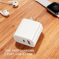 Chargeur rapide 20W avec prise AU, double port USB A+C QC3.0 PD, chargeur mural pour iPhone Samsung Xiaomi Android, adaptateur secteur de voyage pour ordinateur portable