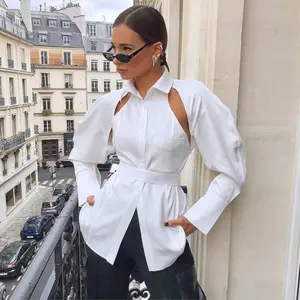 Fashion Women Shirts White Plain Loose Blouse Loose Cut Out Hollow Out Blusas Ladies Tops Streetwear B1258