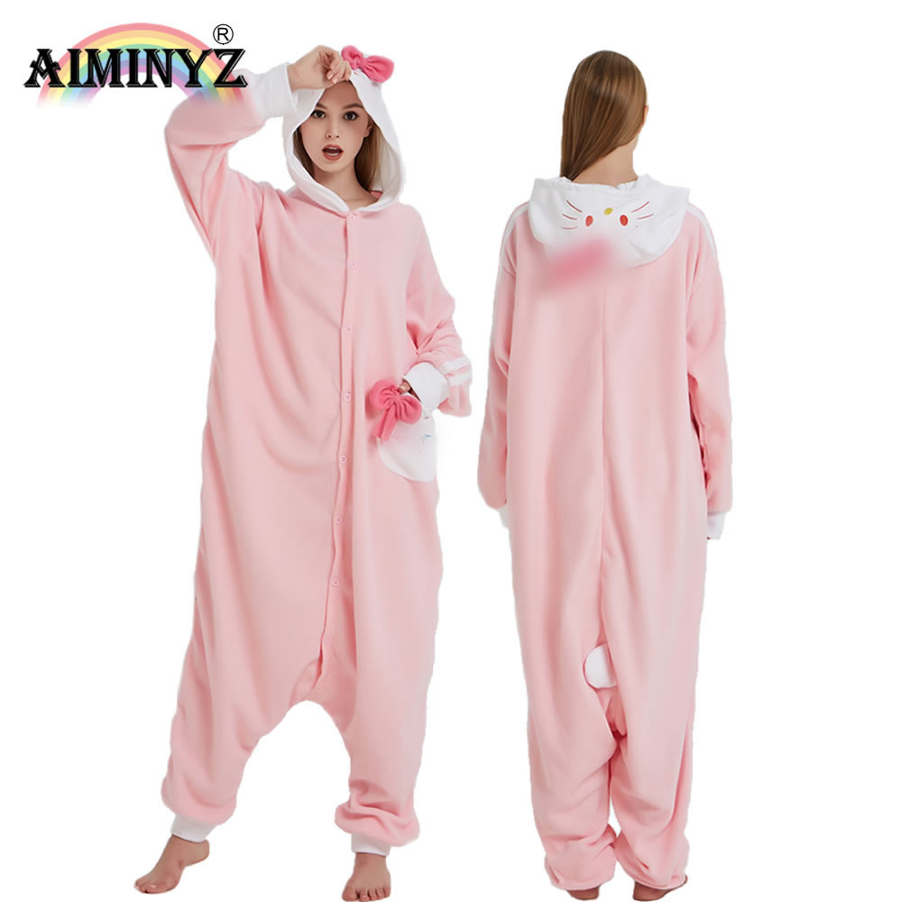 AIMINYZ Vente en gros 2023 Pyjama en polaire d'hiver avec chat mignon rose Cartoon Pyjama confortable Cosplay pour adulte Pyjamas Homewear