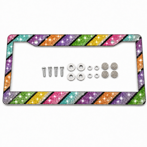Marco de matrícula brillante con rayas diagonales arcoíris, hecho a mano, con cristales multicolor, protector de matrícula para automóvil con tornillos y tapas, estándar estadounidense - Product Image 1